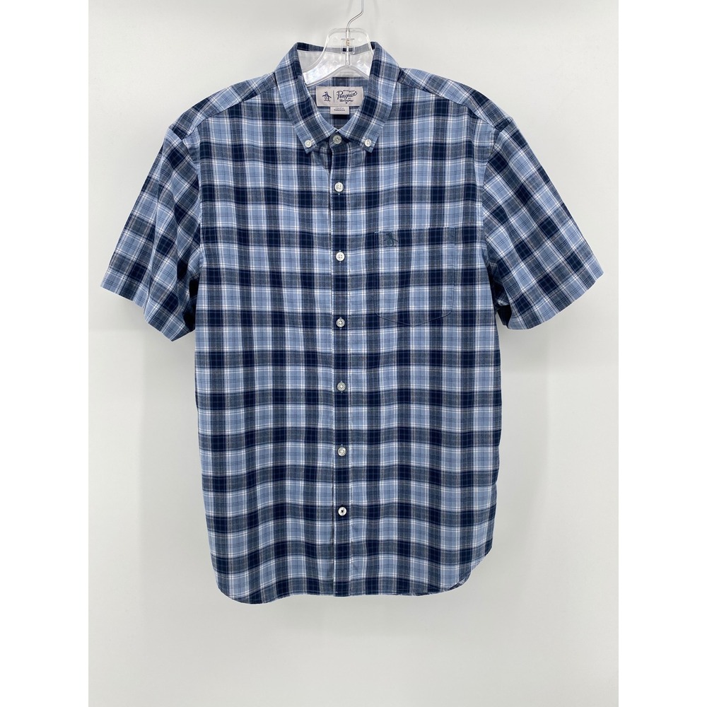 Original Penguin Mens Blue Plaid Short Sleeve Button Down Shirt Large Logo